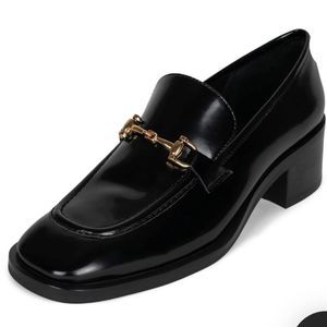 New Jeffery Campbell black leather Heeled loafer with gold metal bit size 6
